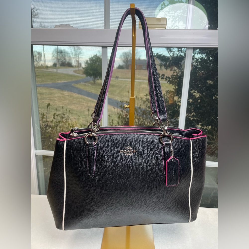 Coach Christie Carryall Black Crossgrain Leather with Pink/Magenta Piping NWOT - Picture 16 of 17